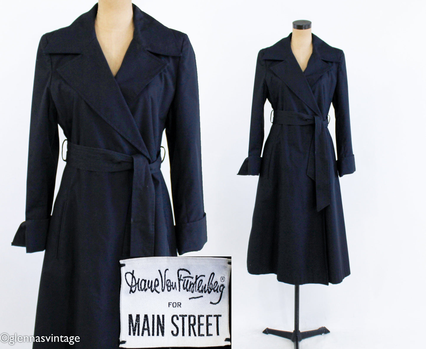 Diane von Furstenberg | 1980s Black Trench Coat l 80s Black Wrap Trench Coat | Diane von Furstenberg | Medium