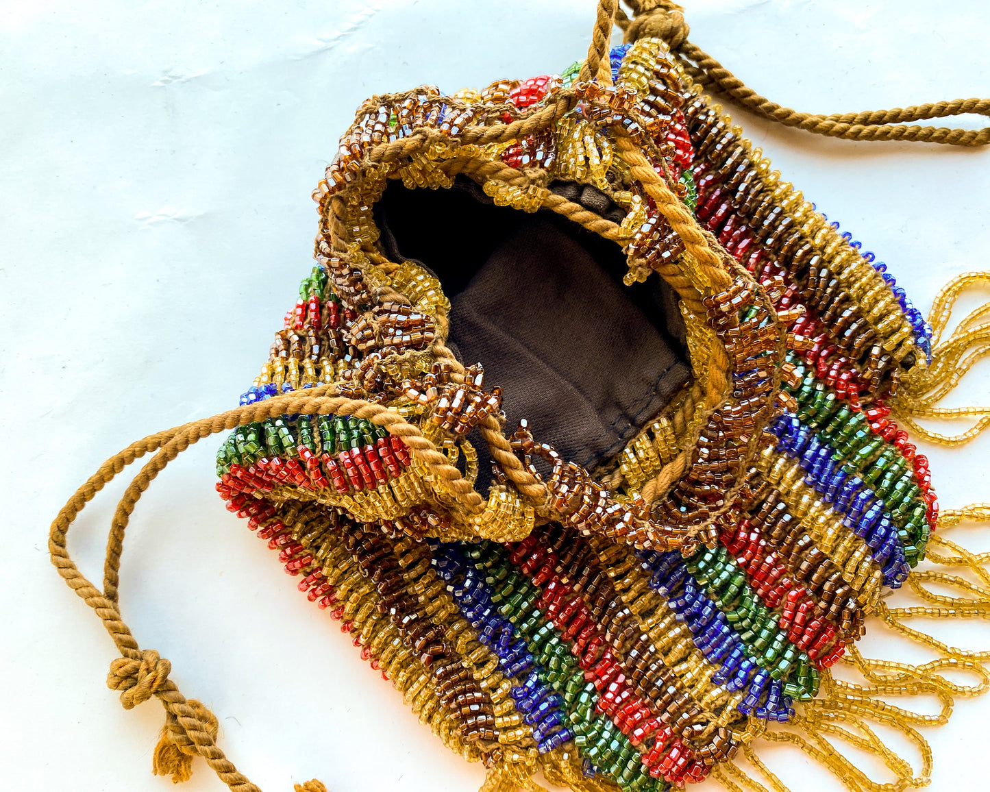 1900s Gold Striped Beaded Handbag | Red & Gold Beaded Stripe Pouch Bag | Downtown Abby