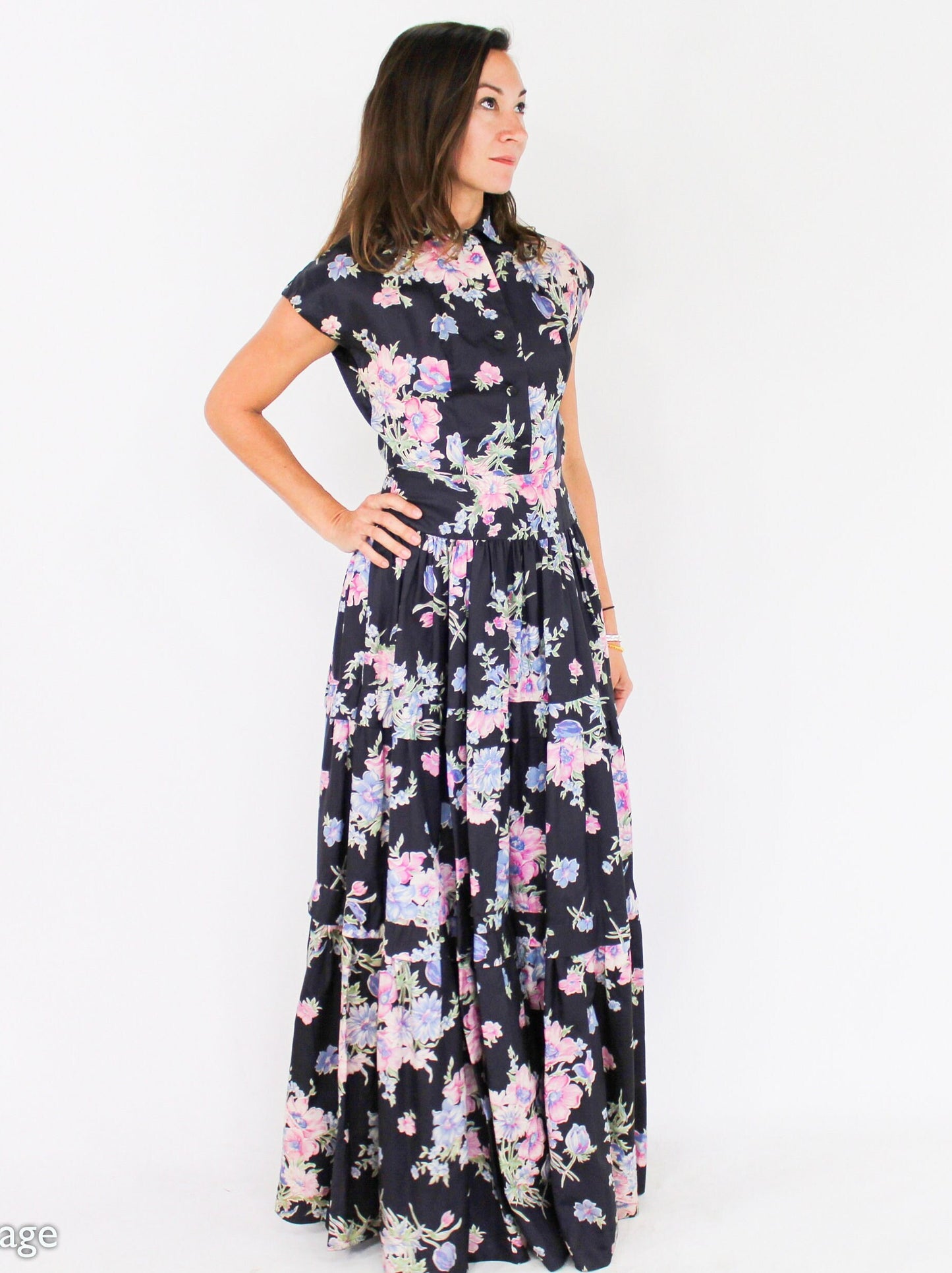 1940s Black Floral Print Evening Dress | 40s Black Flowered Sleeveless Hostess Gown | The Linzi Line | Small
