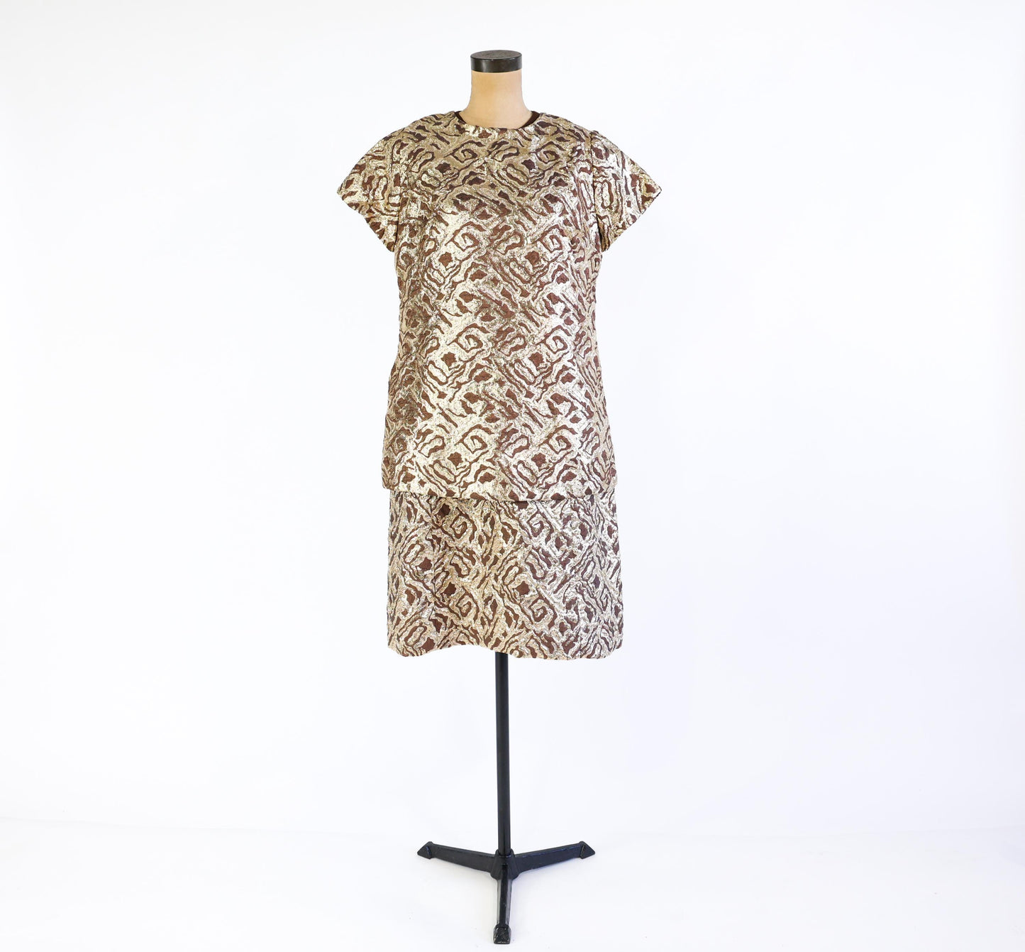 1960s Metallic Gold & Brown Jacquard Dress Set, Extra Large, 34" Waist
