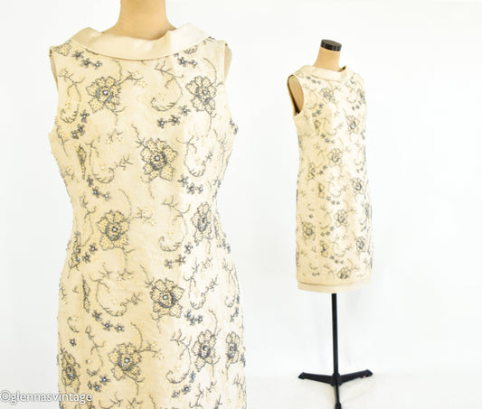 1960s Beaded Silk Cocktail Dress | Vintage Floral Lace, Medium