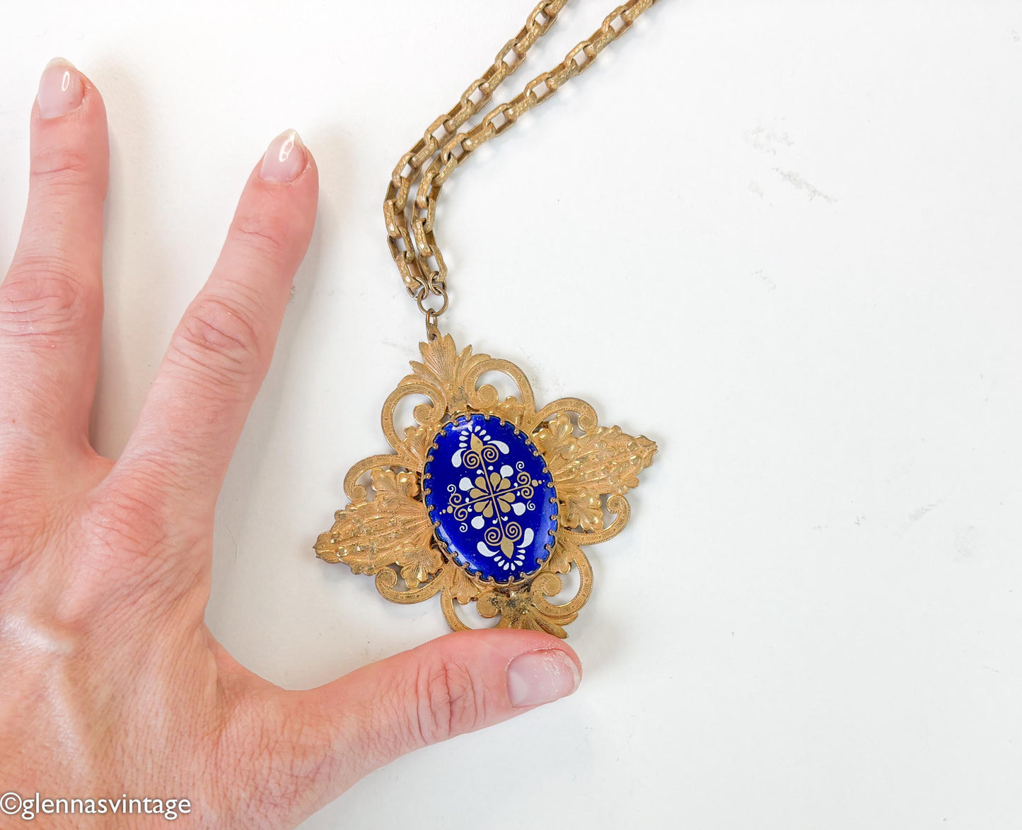 Vintage 1940s Miriam Haskell Necklace, Cobalt Blue Glass Filigree Pendant