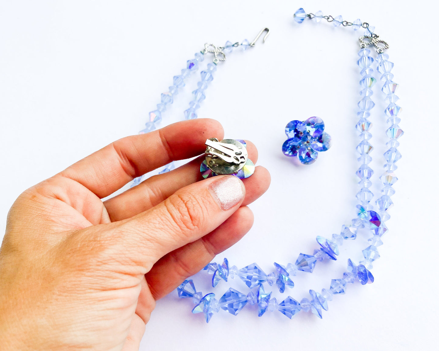 1950s Blue Crystal Necklace Set | 50s Blue Glass Bead Necklace & Clip Earrings