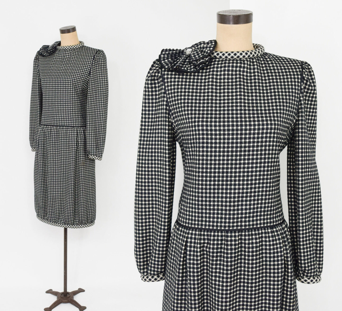 1980s Nina Ricci Black Checked Wool Dress, Medium