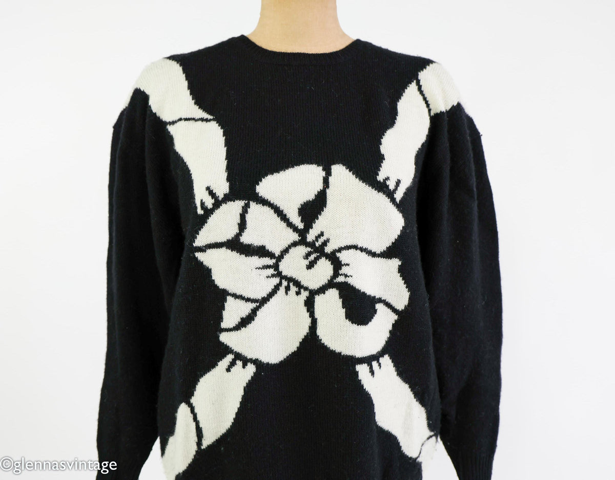 1980s Black & White Wool Cashmere Bow Sweater, Large