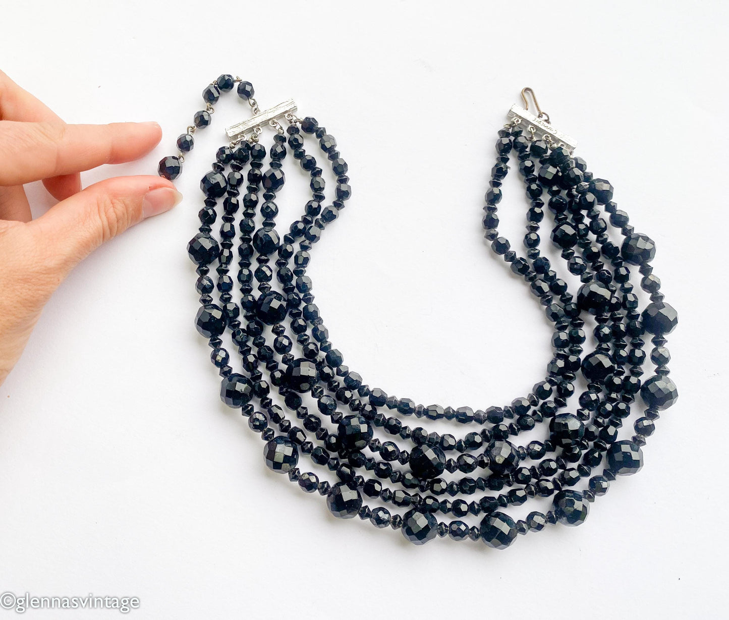 1950s Carnegie Black Crystal Beaded Necklace | 6-Strand Evening Jewelry