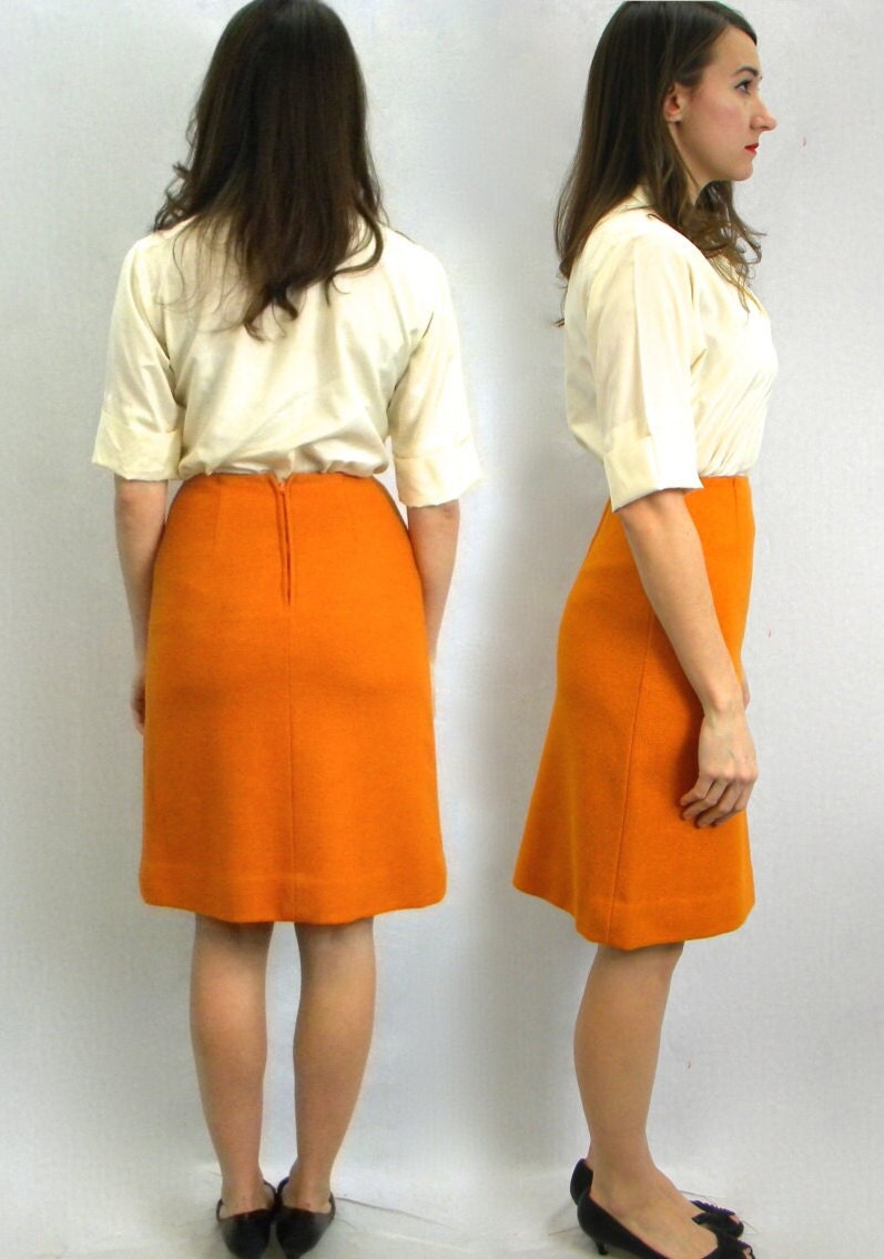 1960s Orange Wool Pencil Skirt | 60s Orange Wool Skirt | Bernhard Altman | Extra Small