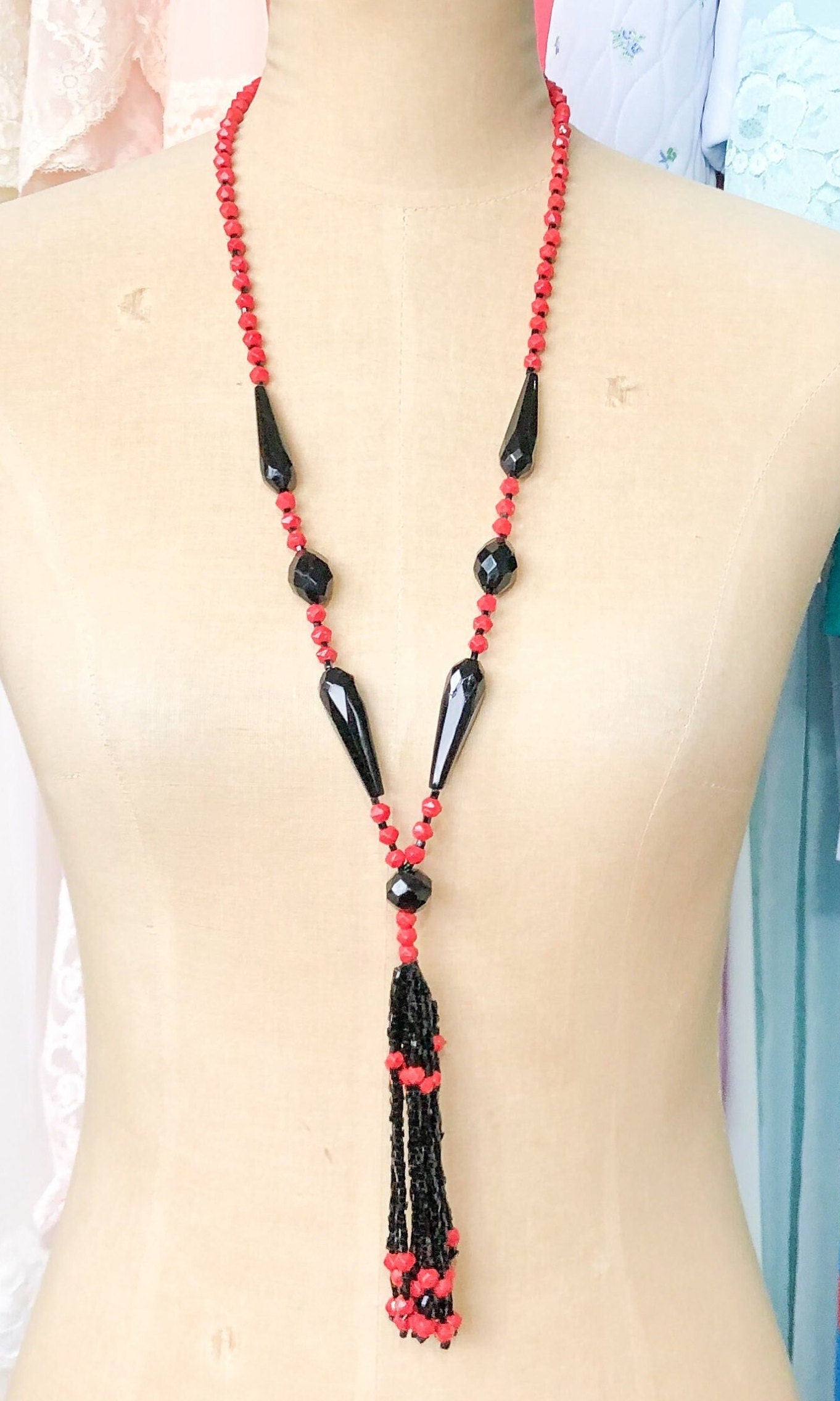 1920s Flapper Necklace | Red & Black Beaded Tassel Rope