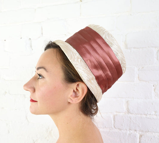 1960s Beige Brocade Bucket Hat | 60s Gold & White Tall Hat