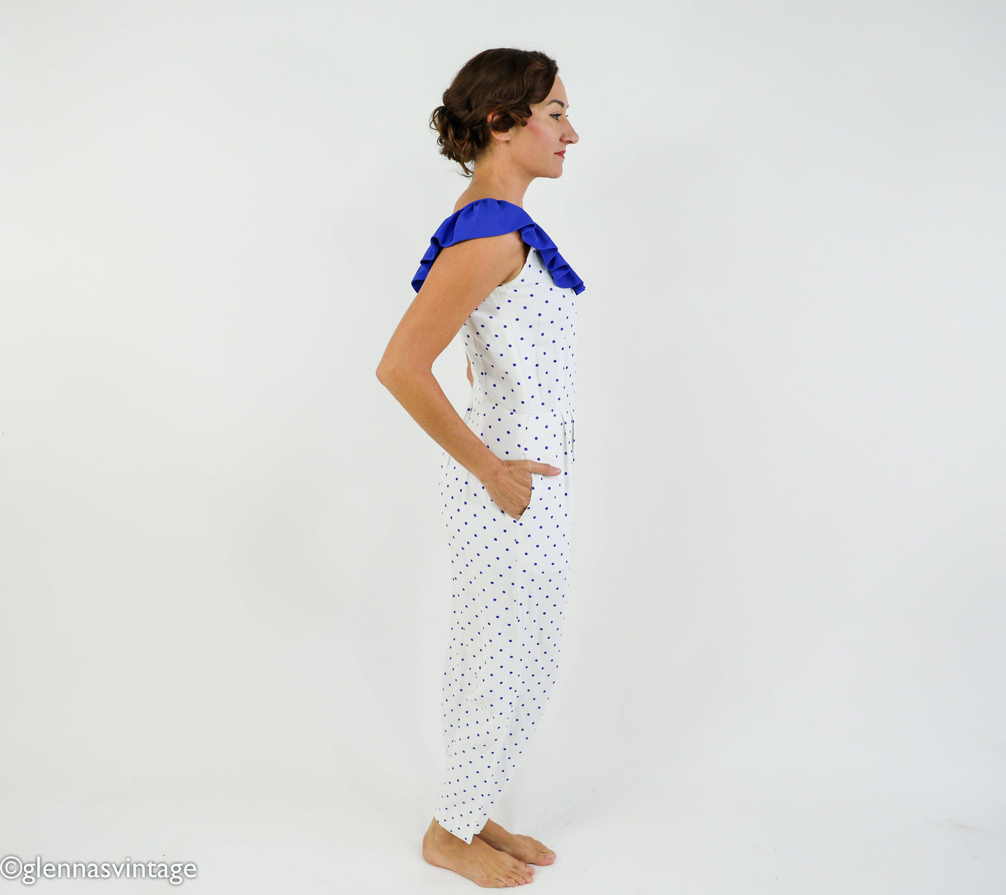 1980s Blue & White Polka Dot Jumpsuit, Small