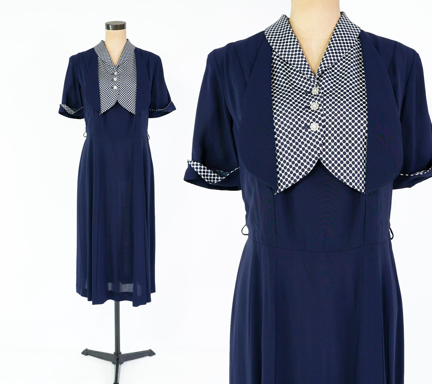 1940s Navy Rayon Crepe Dress with Polka Dot Collar, 36" Waist
