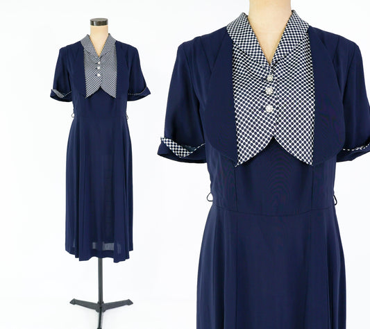 1940s Navy Rayon Crepe Dress with Polka Dot Collar, 36" Waist