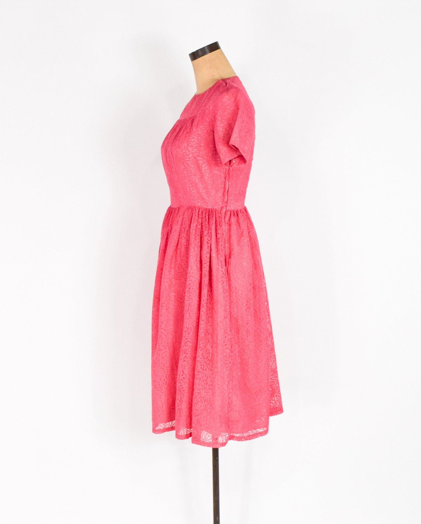 1950s Pink Chiffon Dress in Floral Burnout Fabric, Small