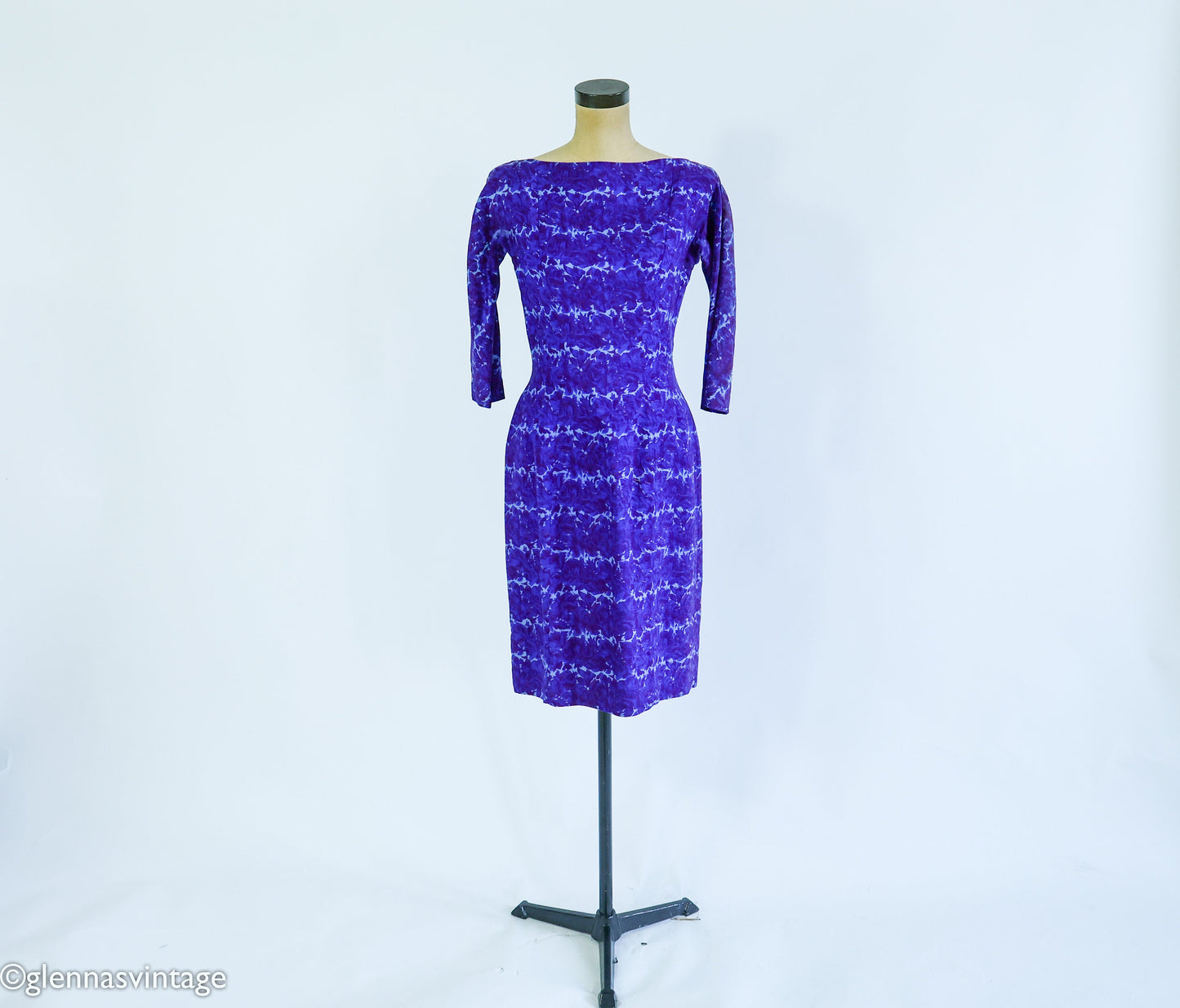 1950s Purple & Blue Print Wiggle Dress, Small