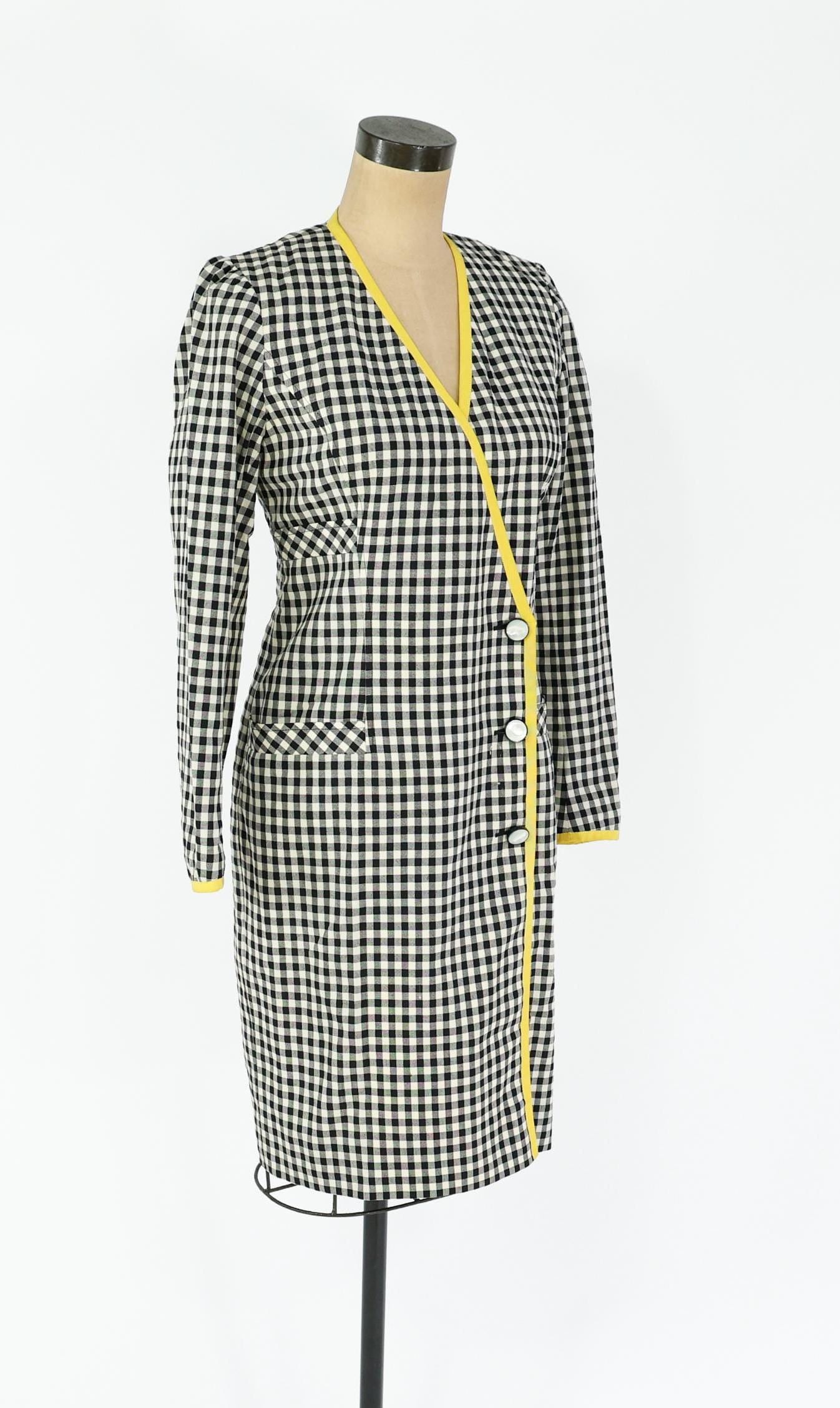1980s Ungaro Black White Checked Wool Dress, Small