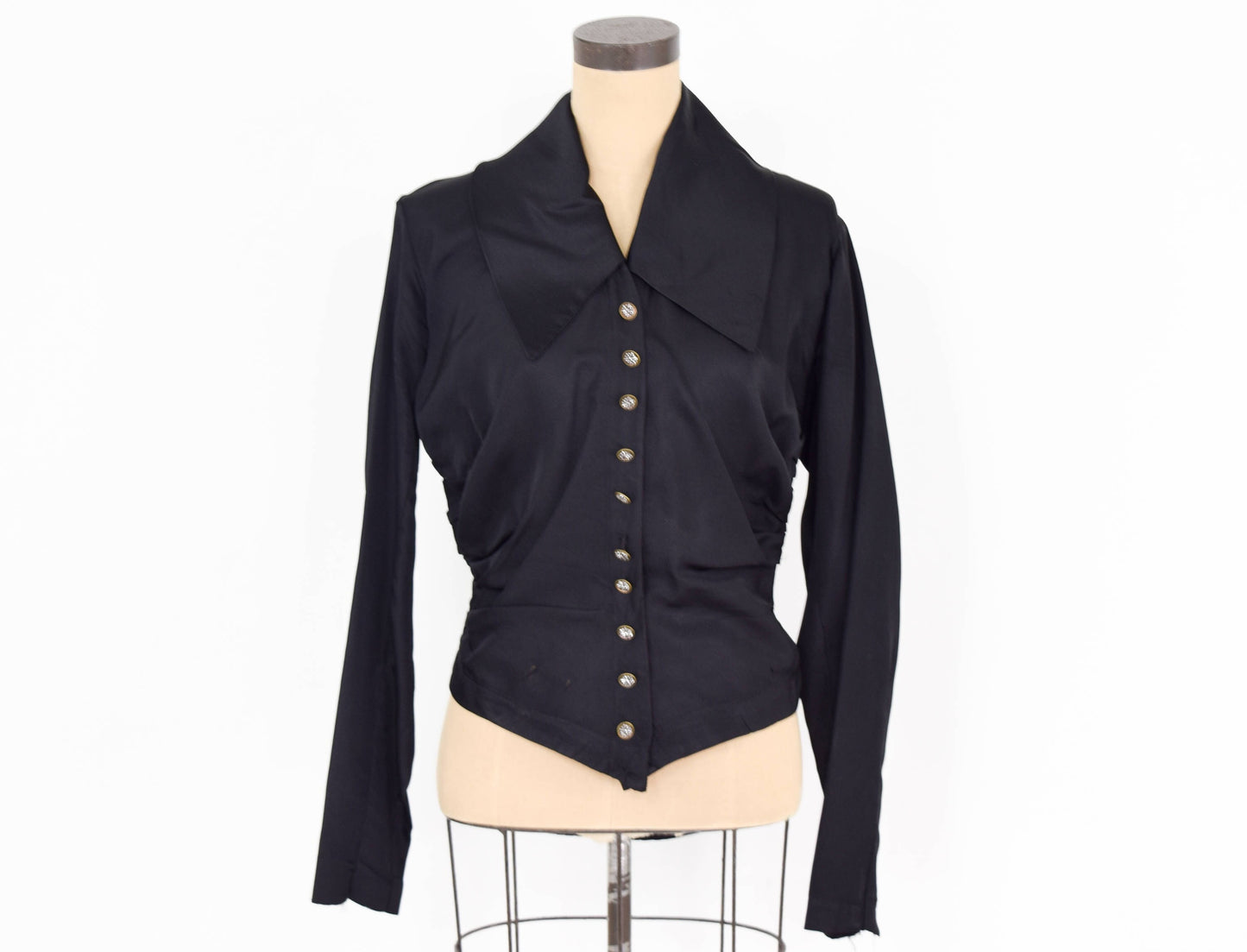 1800s Black Silk Blouse, Victorian Overblouse, Size Medium
