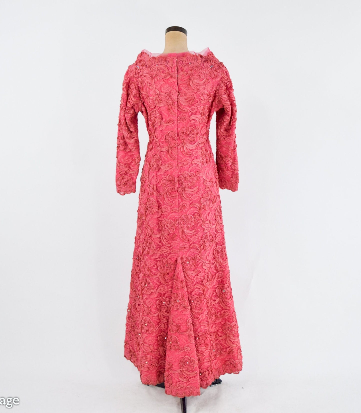 1940s Coral Pink Lace & Rhinestone Evening Gown | 40s Pink Soutache Lace Rhinestone Dress | Old Hollywood | Medium