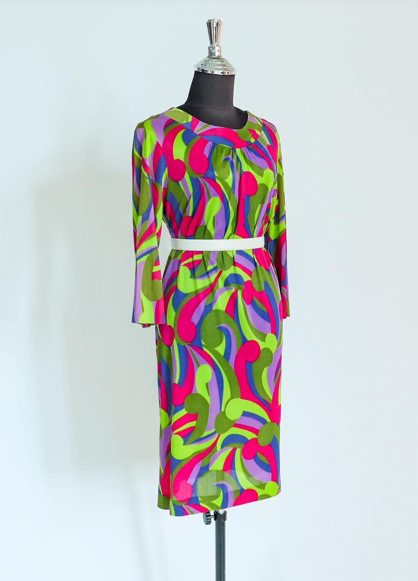 1960s Op Art Print Mini Dress | 60s Colorful Nylon Abstract Dress | Royal Miss | Large
