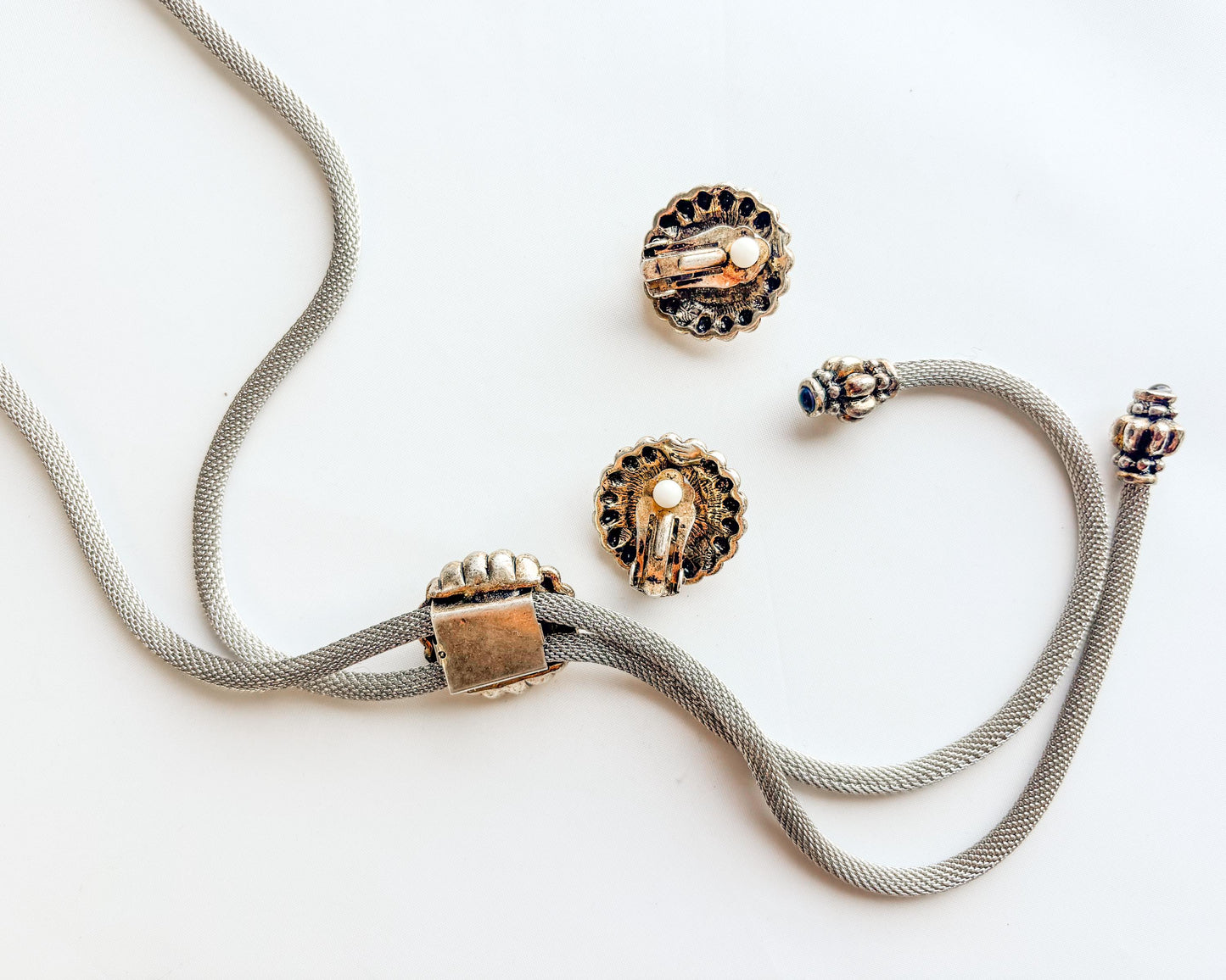 1980s Silver Bolo Tie Necklace & Earring | Silver Necklace Set