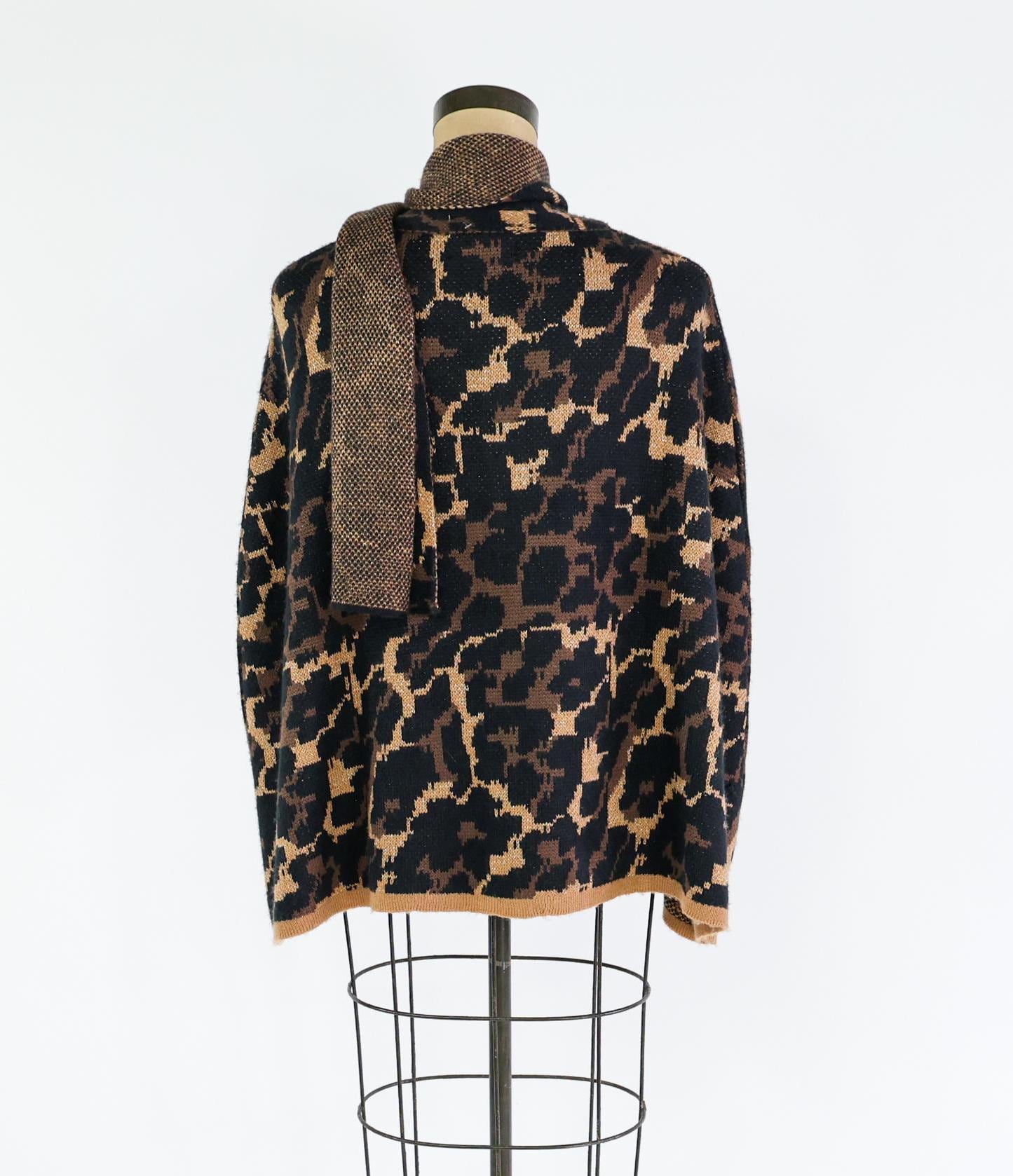 2000s Animal Print Sweater Cape | Brown Knit Shrug | Betsey Johnson, One Size
