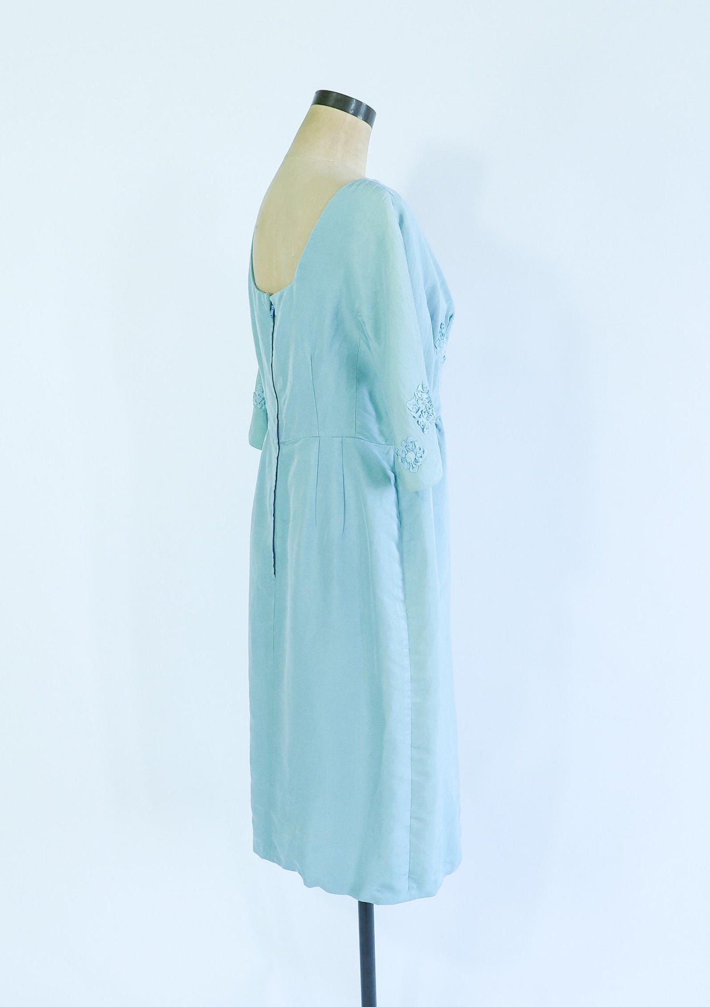 1950s Turquoise Silk Cocktail Dress | Rosette Bodice, Large