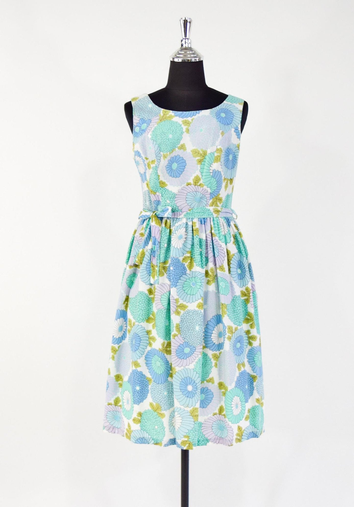 1950s Blue Turquoise Floral Print Cotton Day Dress, Medium