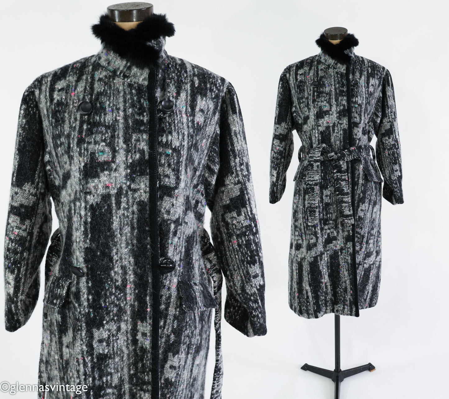 1980s Gray Wool Winter Coat with Fur Trim, Extra Large, 46" Bust
