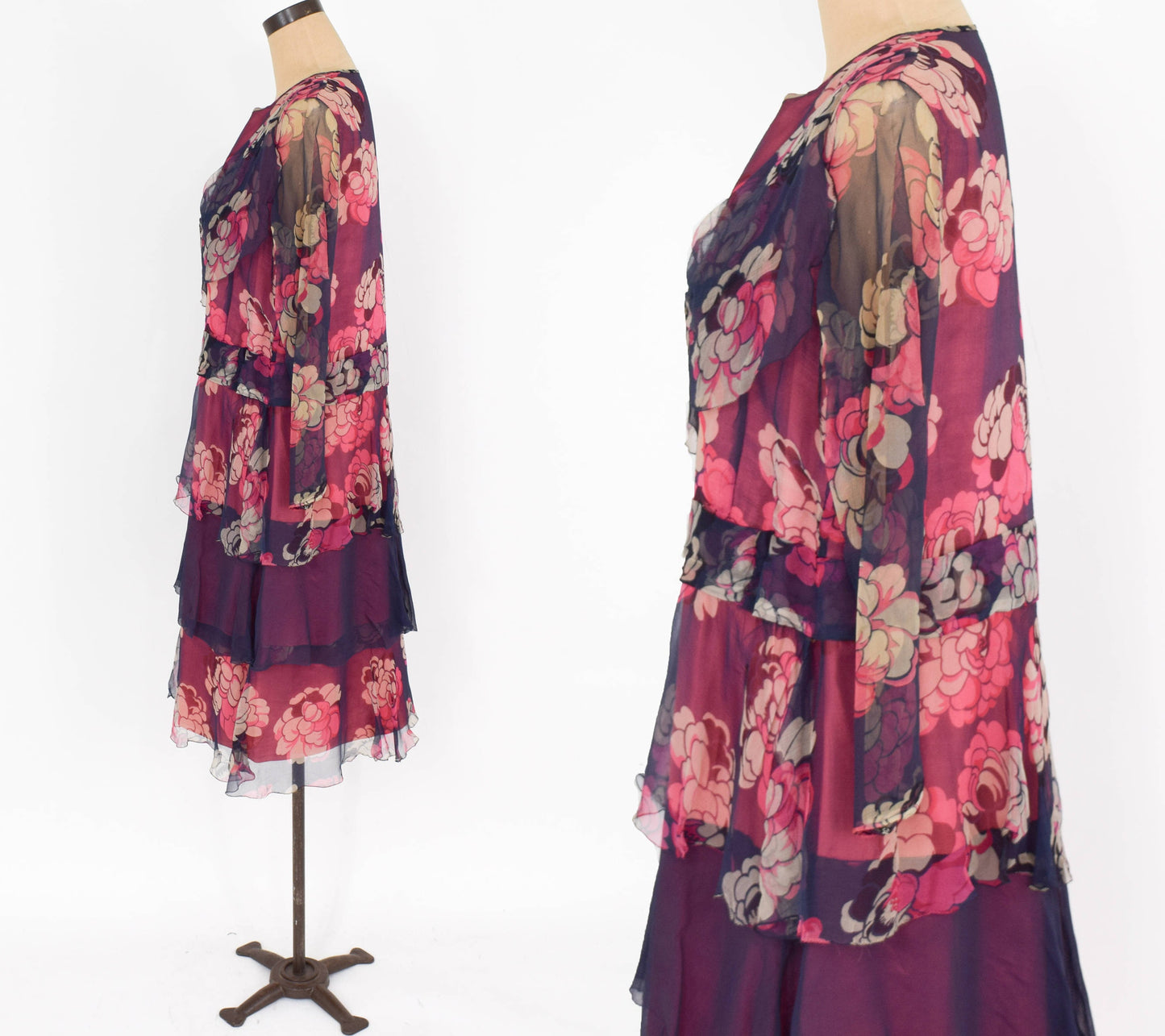 1900s  Navy & Red Floral Layered Dress | Navy Flowered Silk Chiffon Dress | Large