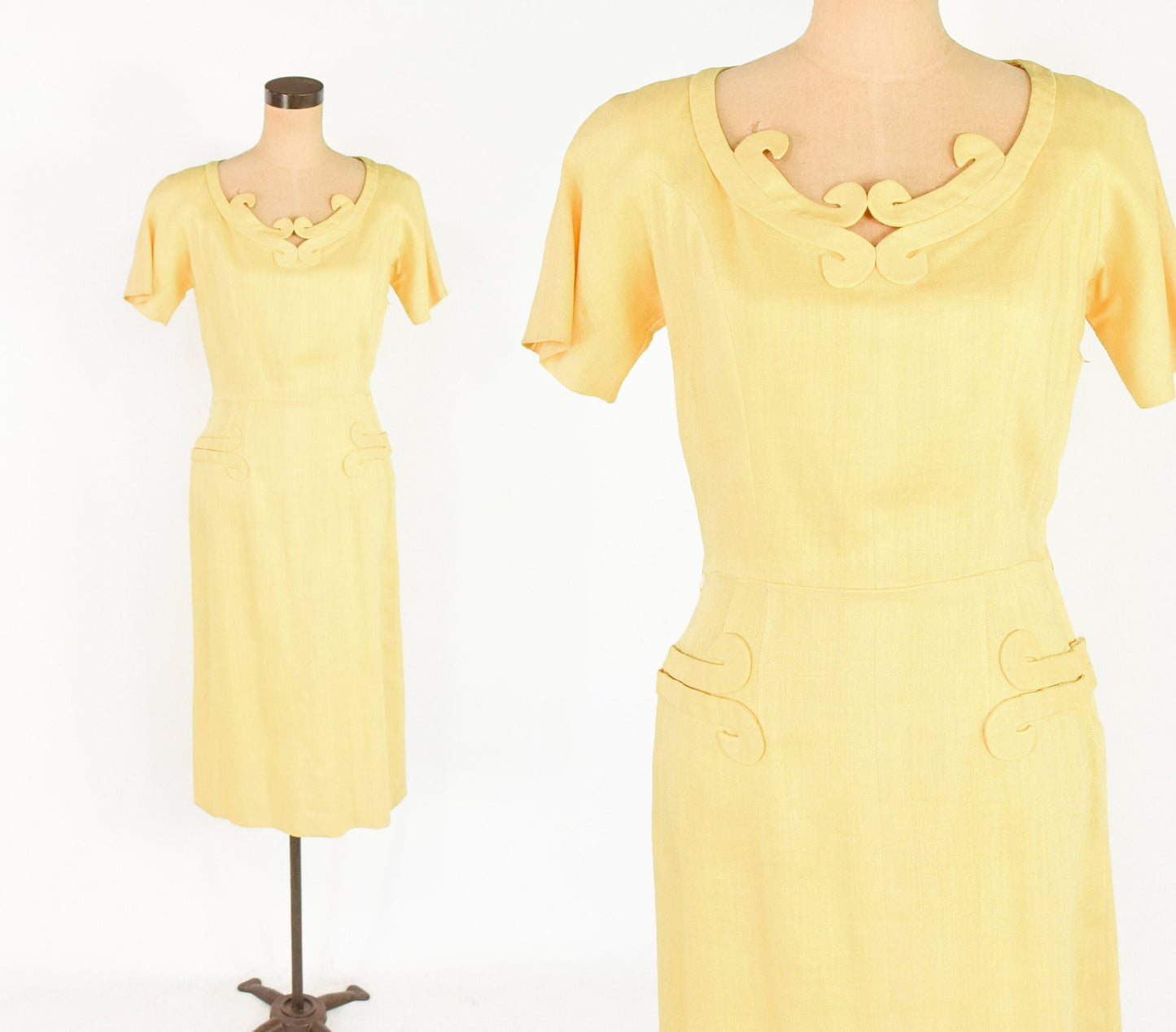 1950s Yellow Linen Dress | 50s Butter Yellow Linen Dress | Bombshell | Pin Up | Paul Parnes | Medium