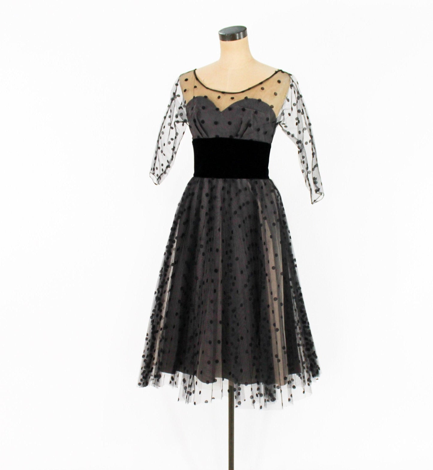 1950s Black Polka Dot Party Dress | 50s Black Tulle Cocktail Dress | Old Hollywood | X Small