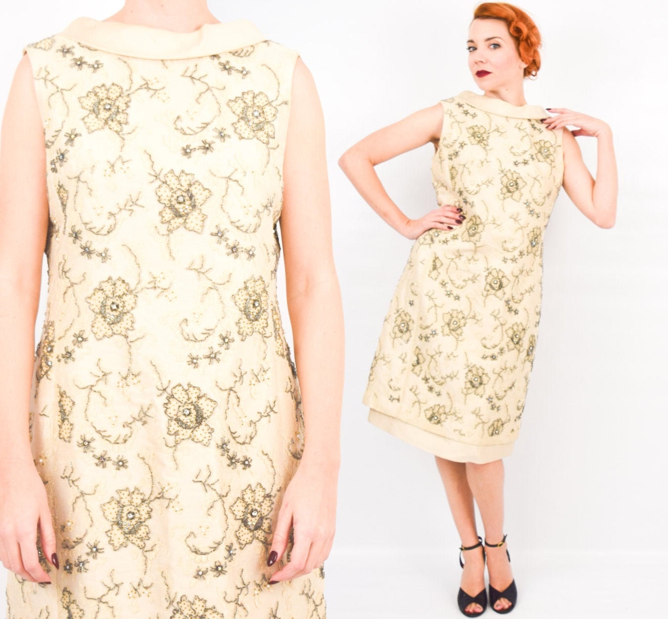 1960s Beaded Silk Cocktail Dress | Vintage Floral Lace, Medium