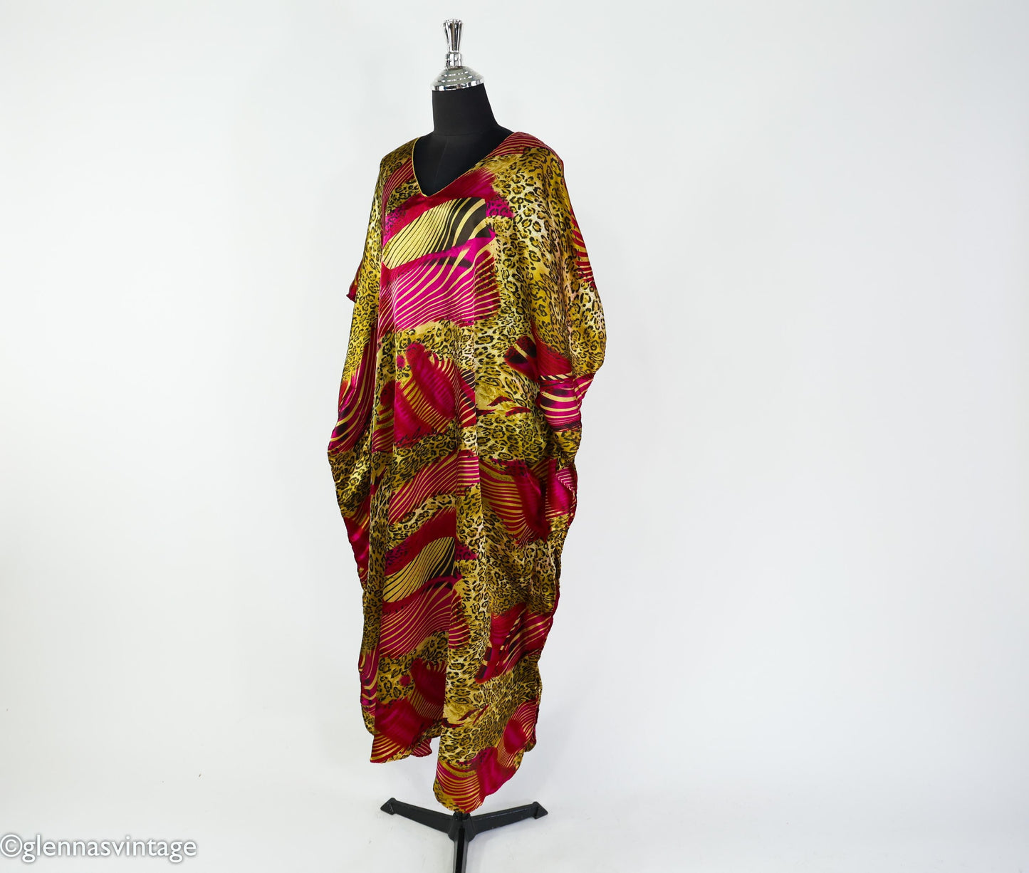 1990s Animal Print Caftan, Burgundy Pink Gold, Plus Size Silk Blend