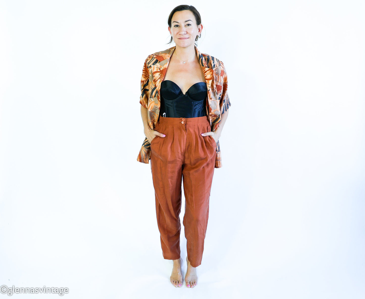 1980s Brown Silk Top Pants Set | 80s Brown Floral Blouse & Slacks | La Chine | Medium