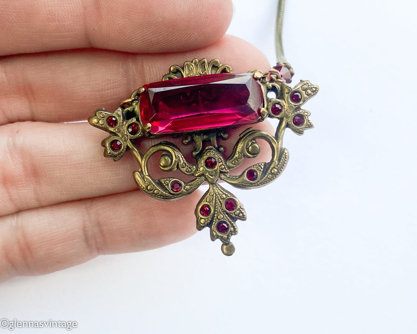 1940s Red Glass Pendant Necklace | Bronze Coil Chain