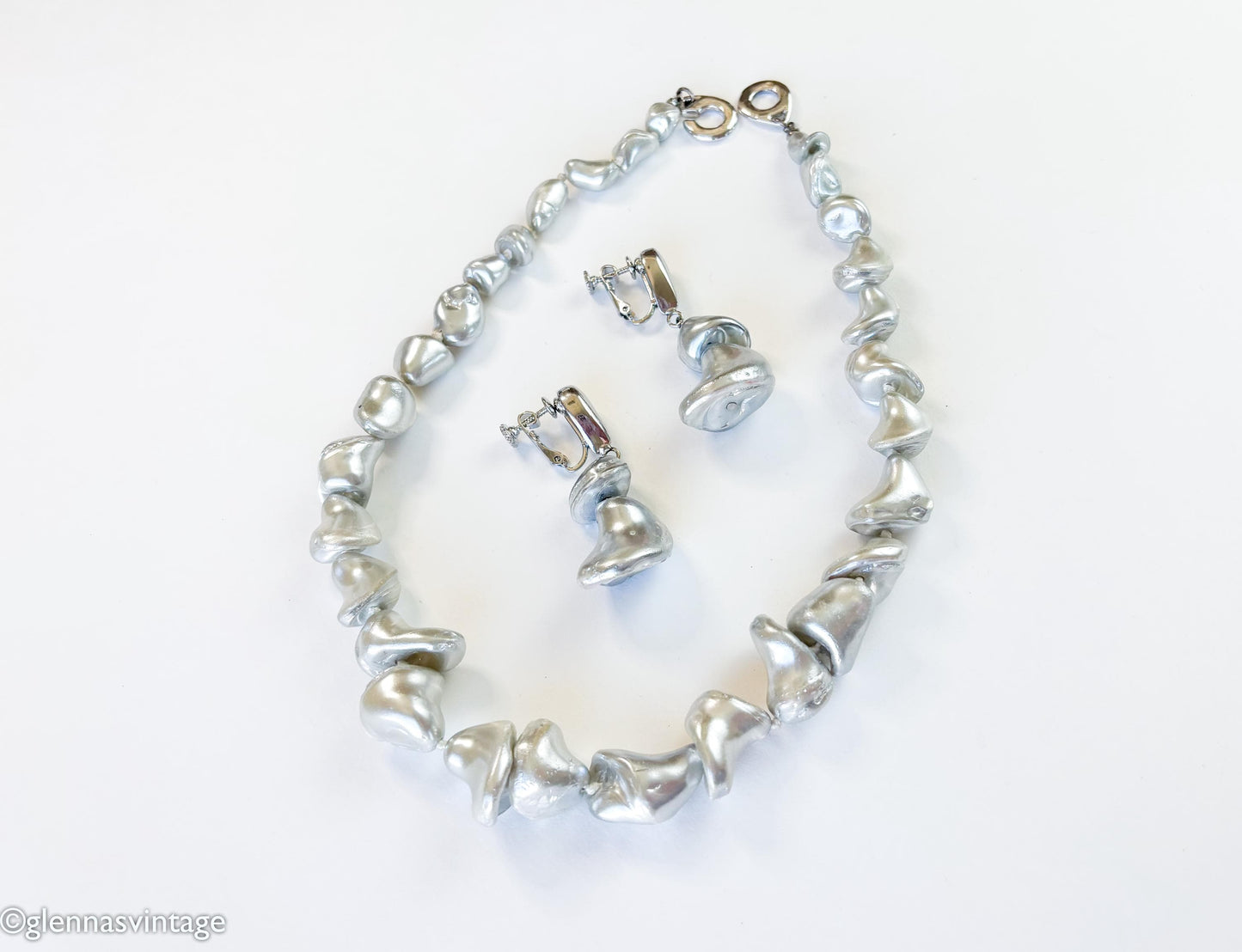 1950s Vintage Les Bernard Gray Faux Pearl Necklace and Earrings Set