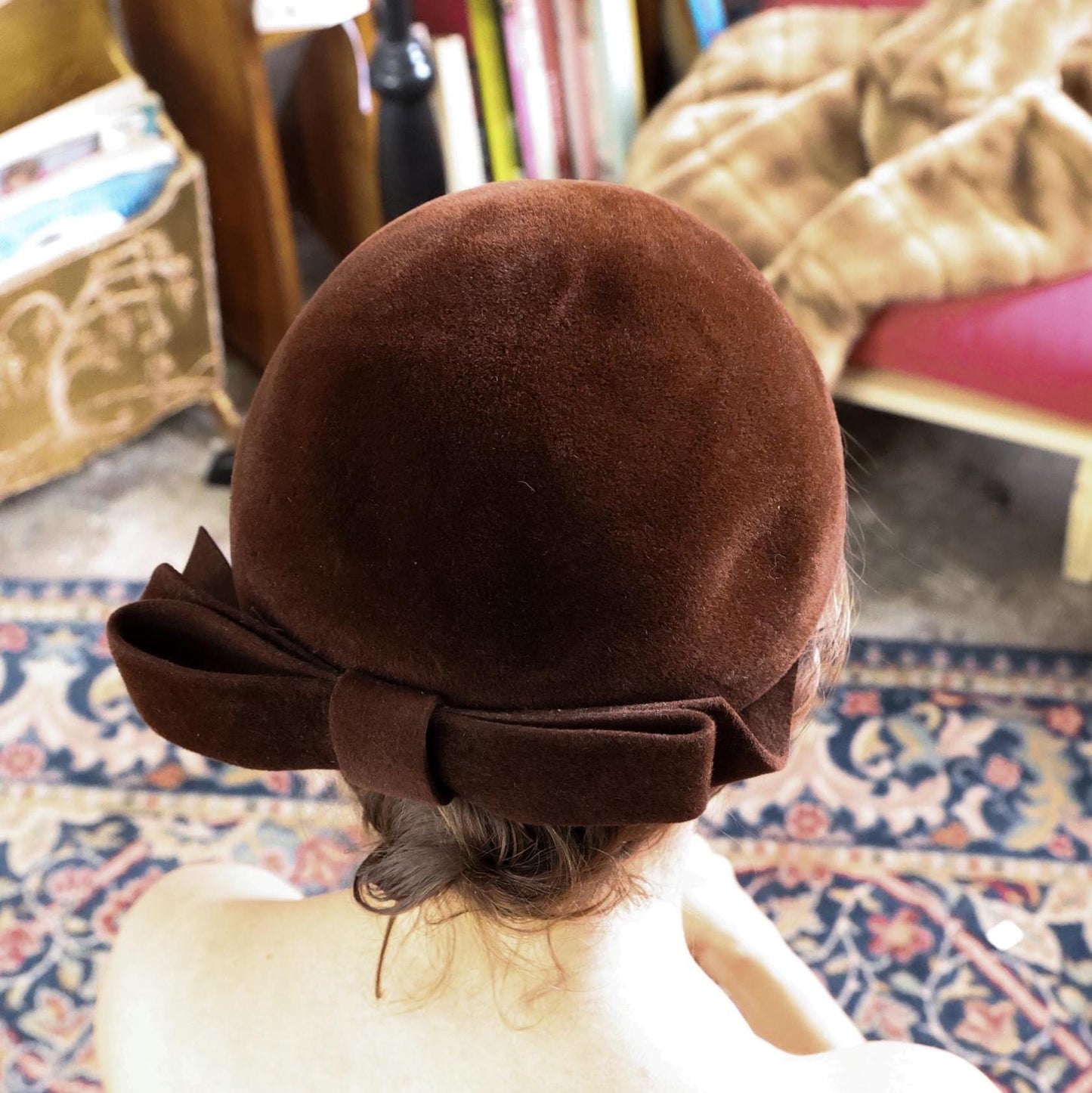 1950s Brown Wool Velour Bow Hat, Gene Doris New York