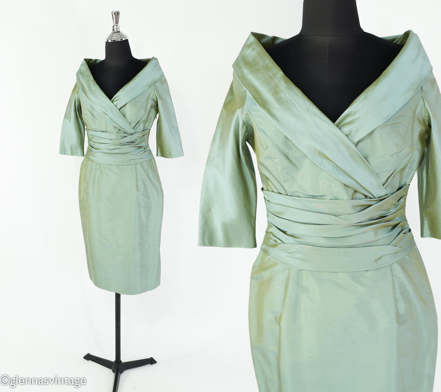 1950s Green Shantung Silk Cocktail Dress, Medium