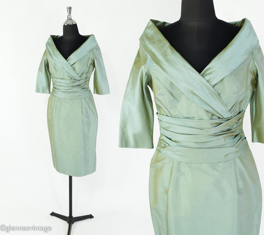 1950s Green Shantung Silk Cocktail Dress, Medium