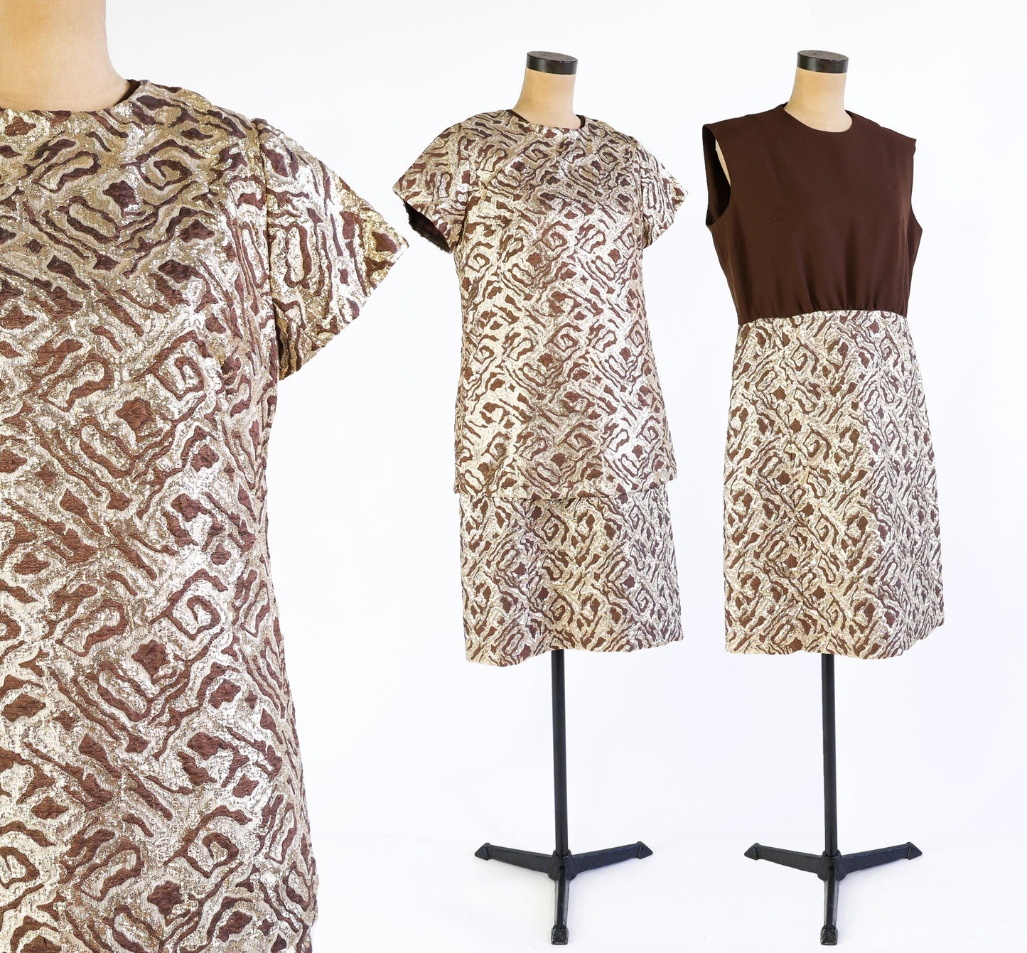 1960s Metallic Gold & Brown Jacquard Dress Set, Extra Large, 34" Waist