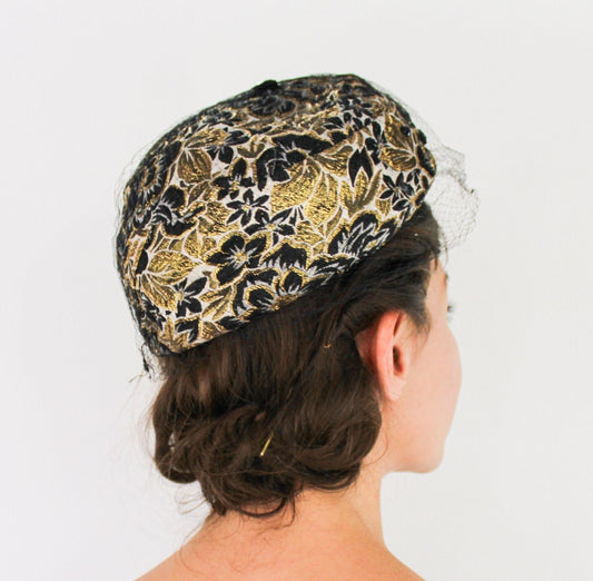 Vintage 1950s Black & Gold Brocade Pillbox Hat | Mr. Mac, Jackie O Style