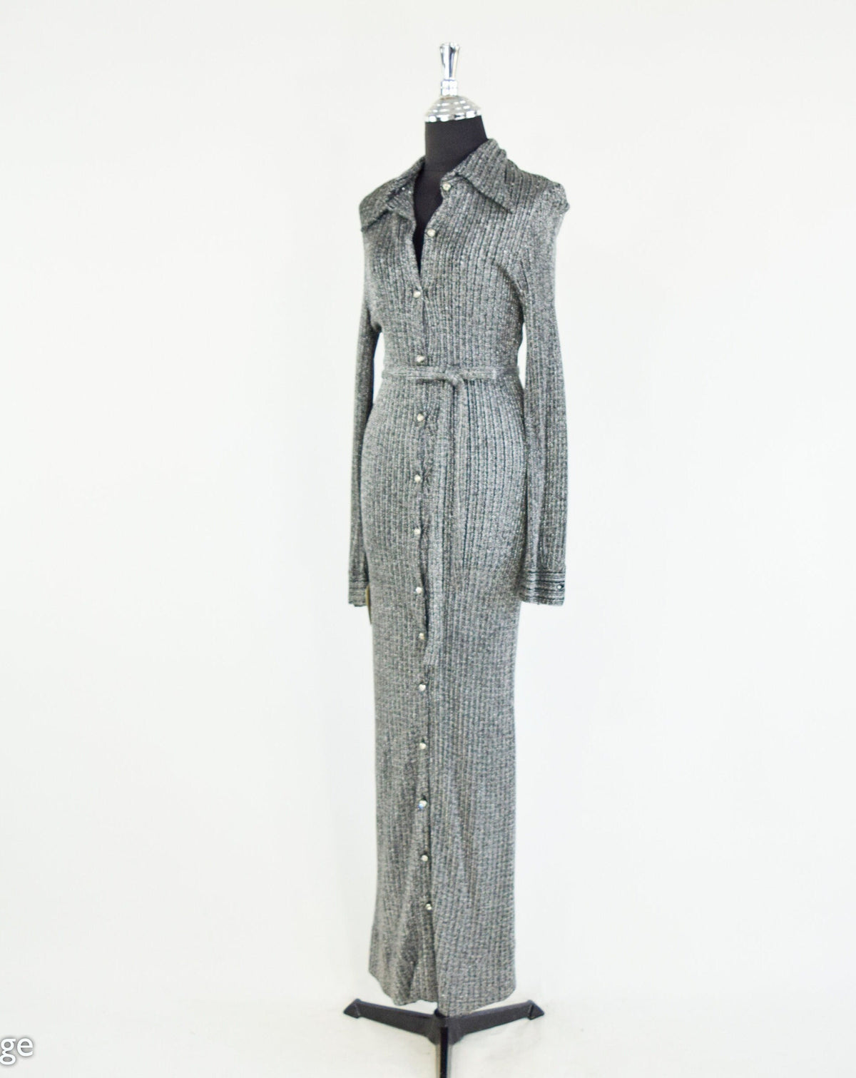 1970s Vintage Silver Knit Maxi Dress | Rhinestone Button, Tie Waist, Small