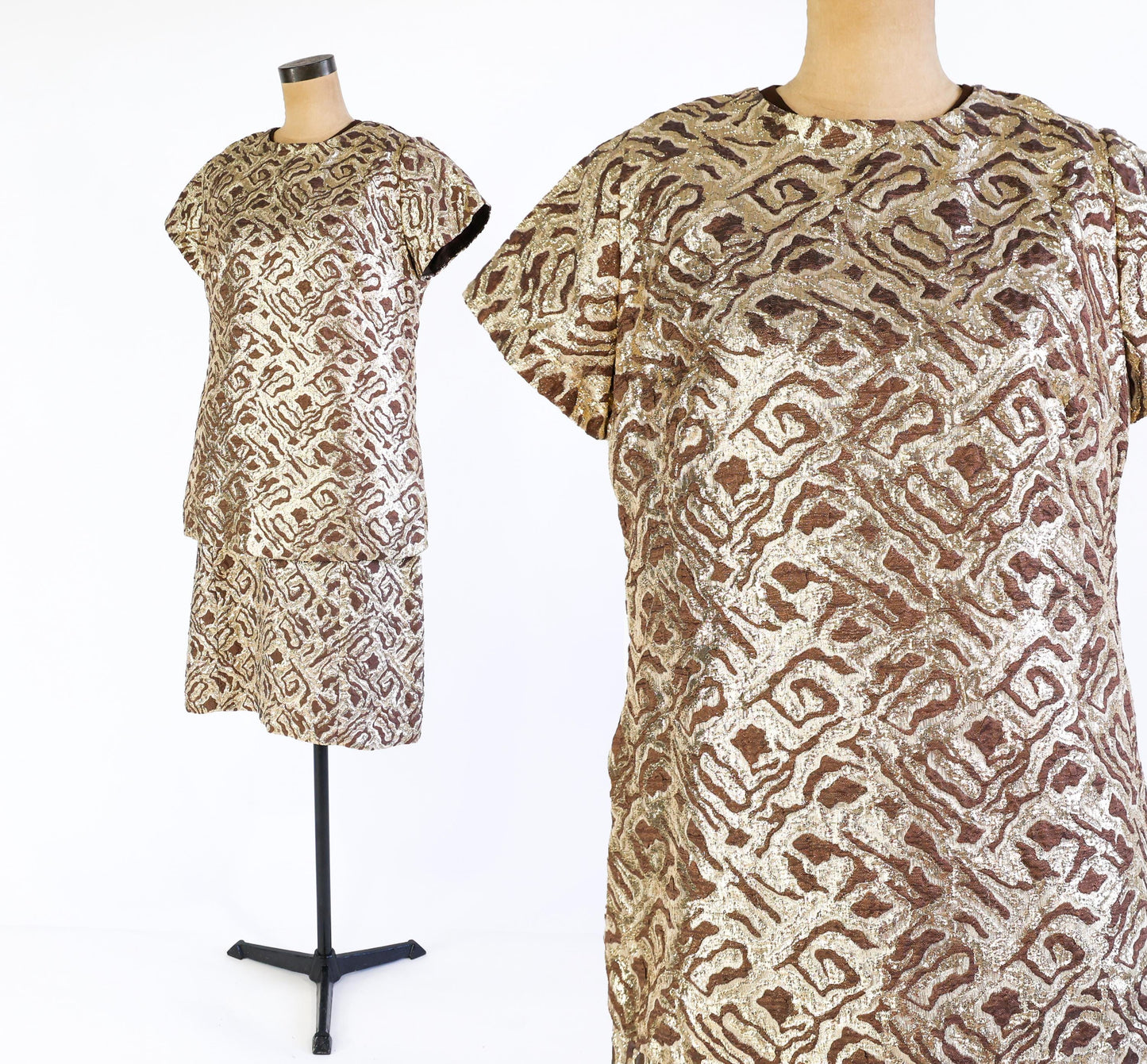 1960s Metallic Gold & Brown Jacquard Dress Set, Extra Large, 34" Waist