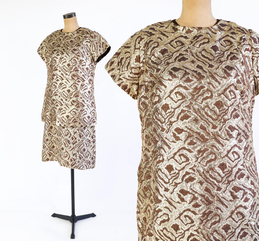 1960s Metallic Gold & Brown Jacquard Dress Set, Extra Large, 34" Waist