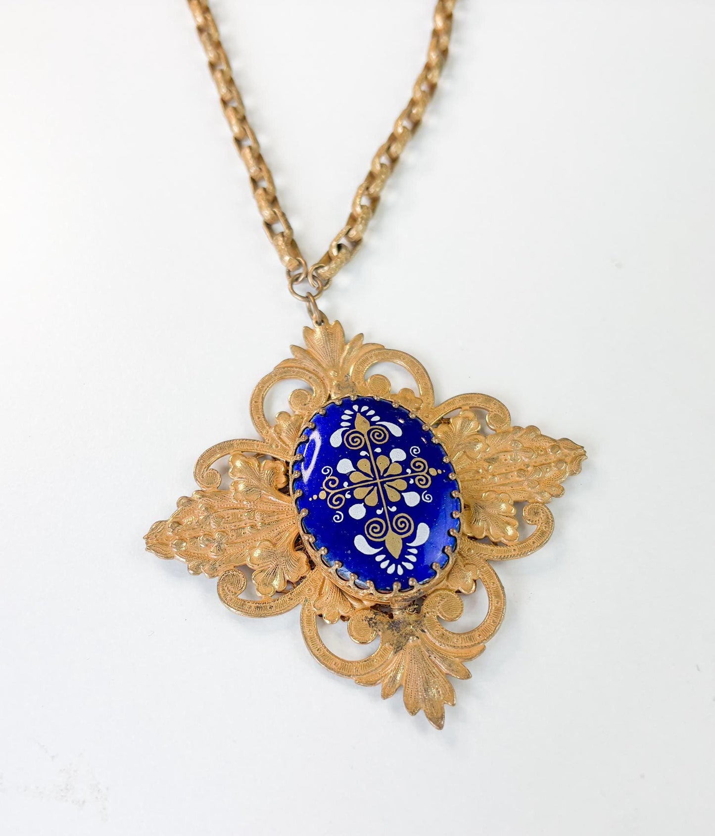 Vintage 1940s Miriam Haskell Necklace, Cobalt Blue Glass Filigree Pendant