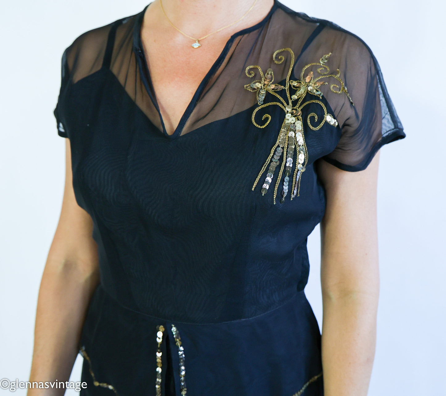 1940s Black Crepe Evening  Dress | 40s Black Sheer Sequin Formal Dress l Medium