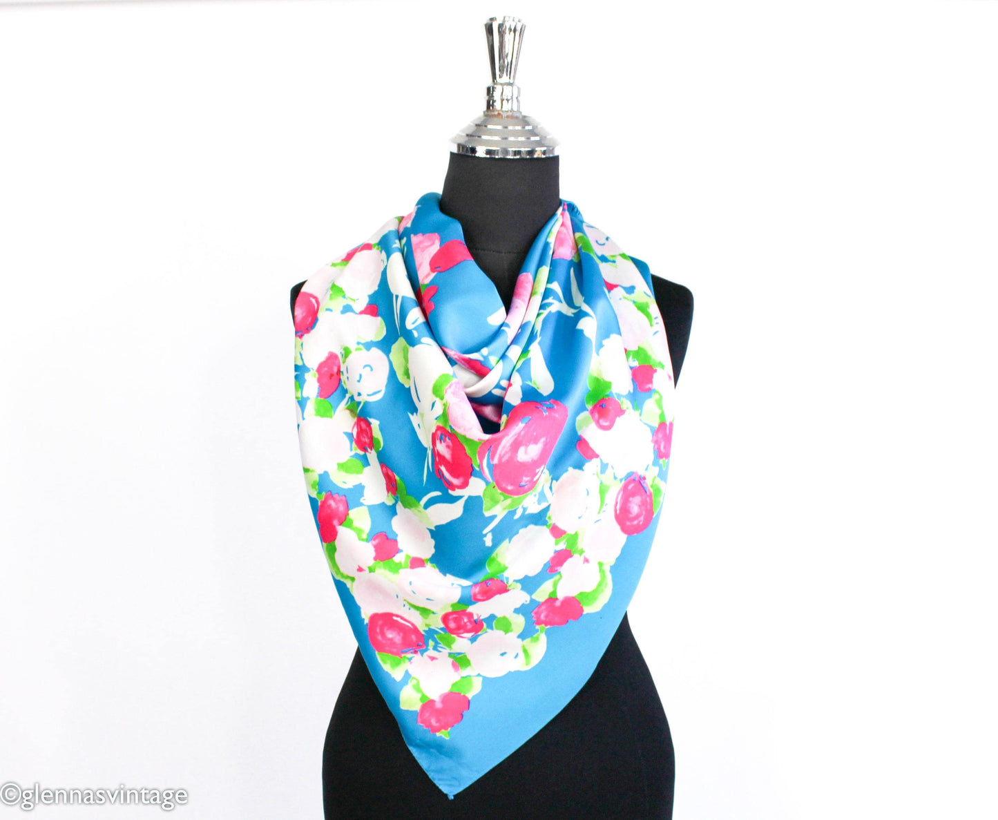 1980s Blue Floral Pattern Scarf