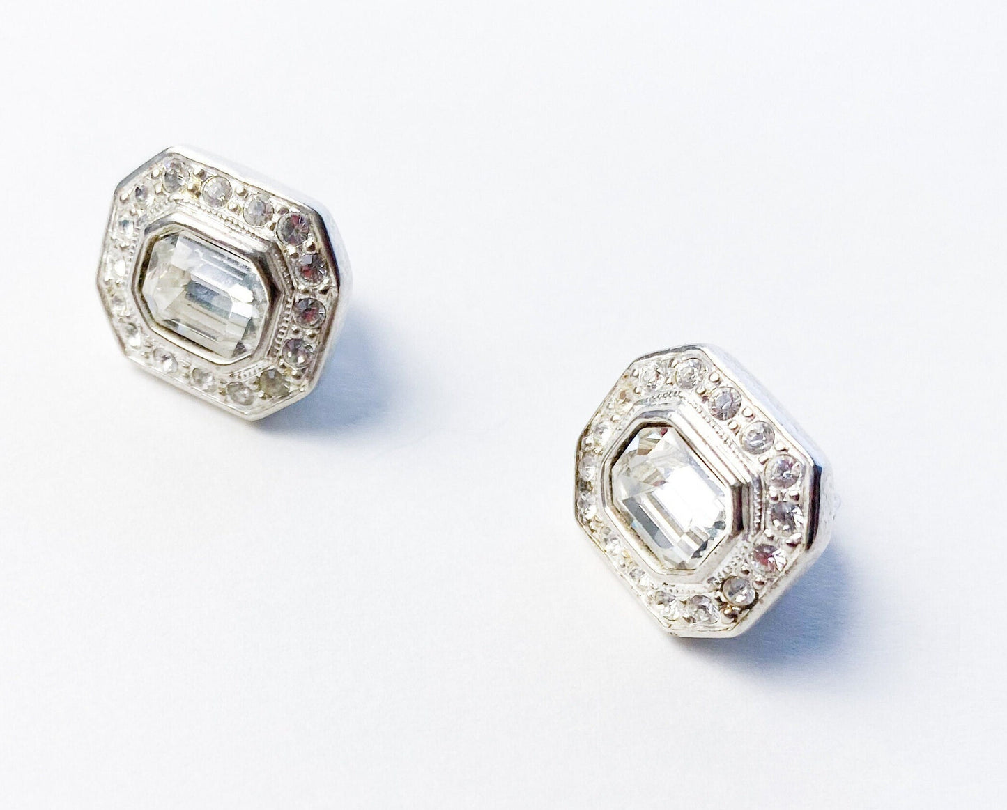 1950s Silver & Rhinestone Clip Earrings | 50s Silver Rhinestone Evening Earrings