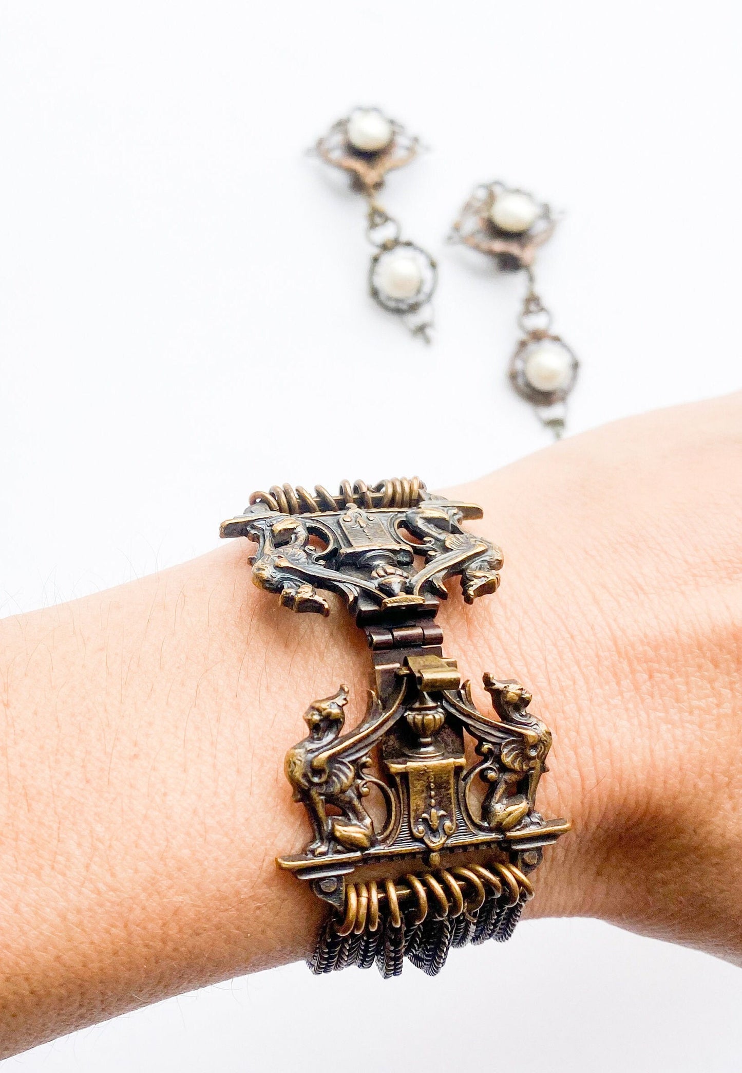 1930s Bronze Chain Bracelet & Pearl Clip Earrings, Art Nouveau Jewelry Set