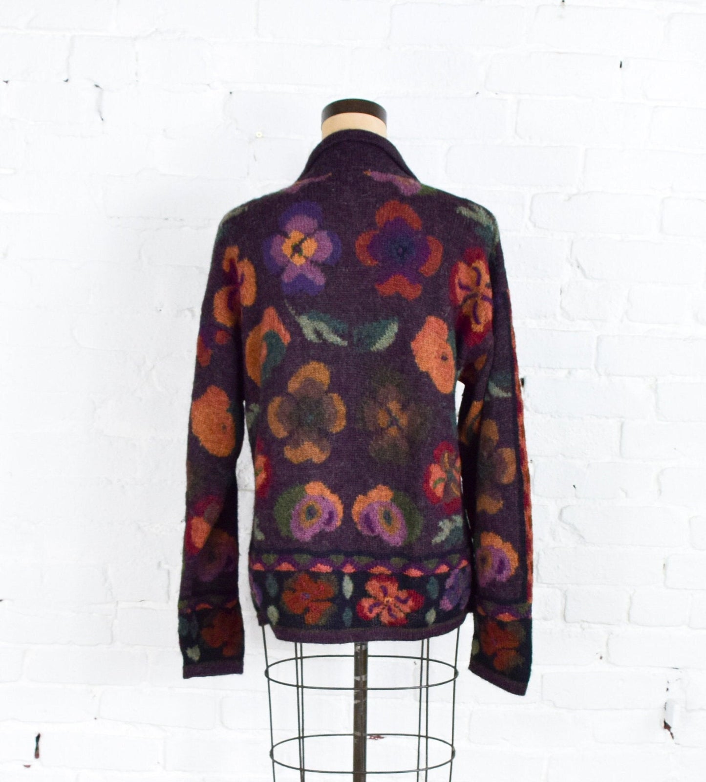1980s Purple & Burgundy Pant Outfit | Purple Floral Sweater | Wearable Art | Medium Large