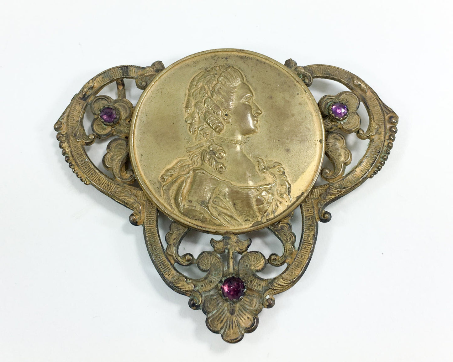 1900s Brass Belt Buckle | Antique Brass Cameo Rhinestone Belt Buckle